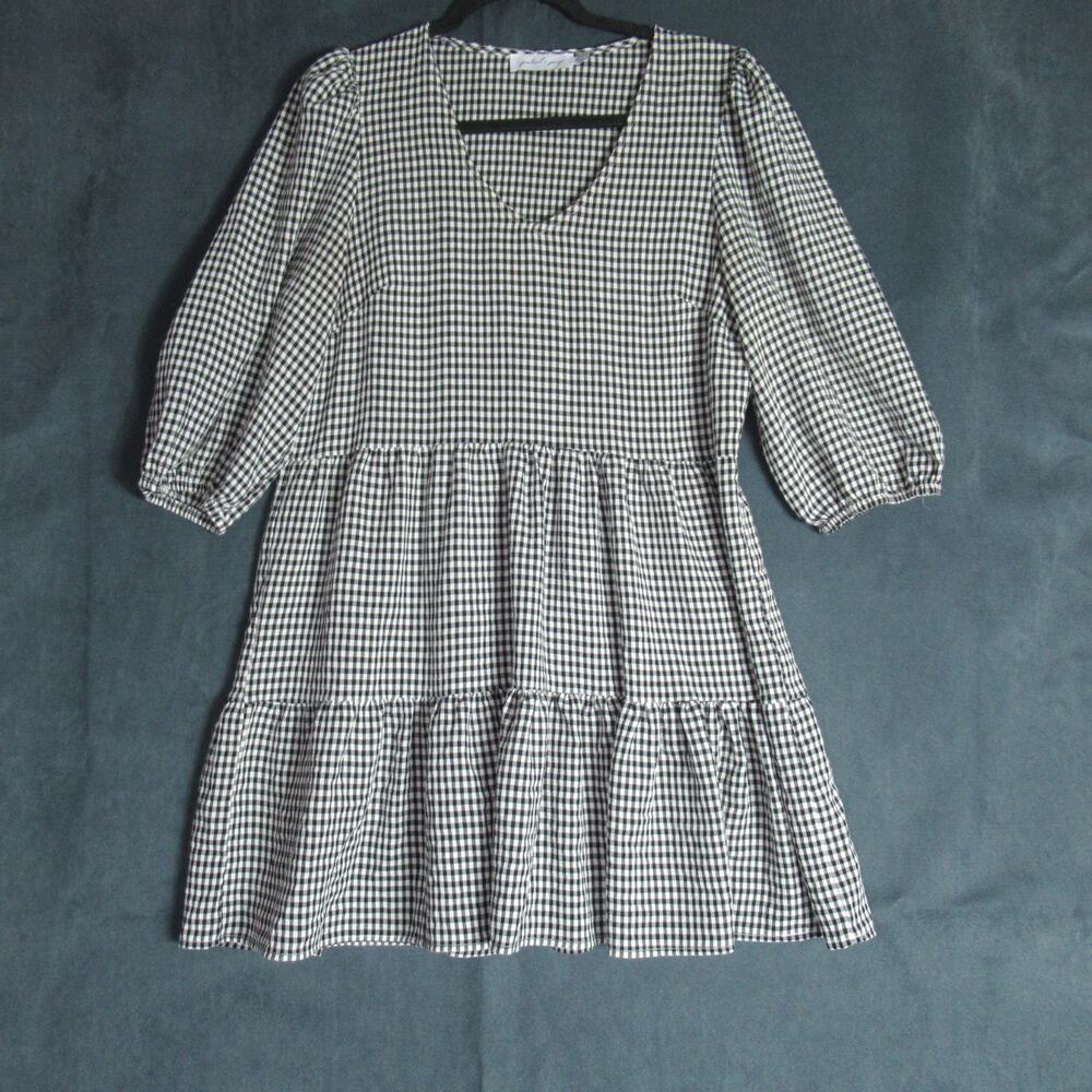 Petal & Pup Daria Print Tiered Dress Womens 8 Black White Gingham Country Lux